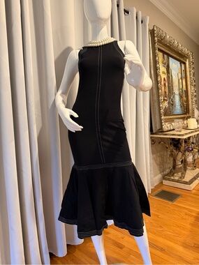 Pearl-Accent Black Midi Dress with Flared Hem